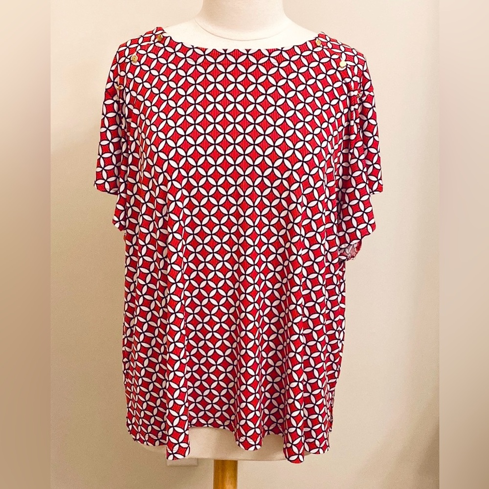 Liz Claiborne Red Black White Geometric SZ 2X Classic Corporate Chic Career Top